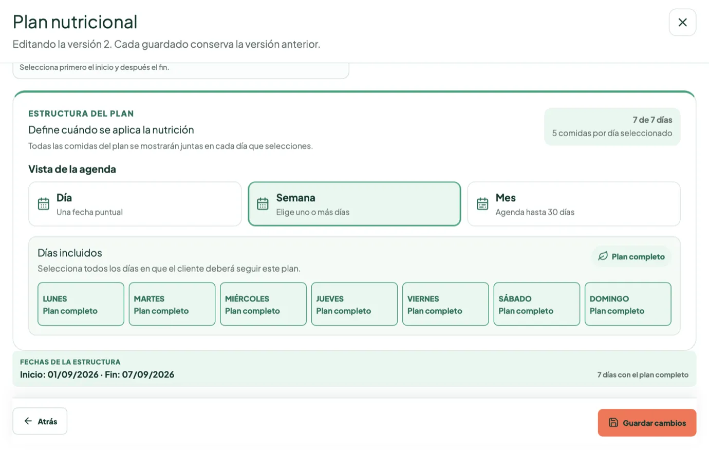 Estructura del plan: los siete días de la semana marcados con el plan completo, y las fechas de inicio y fin.